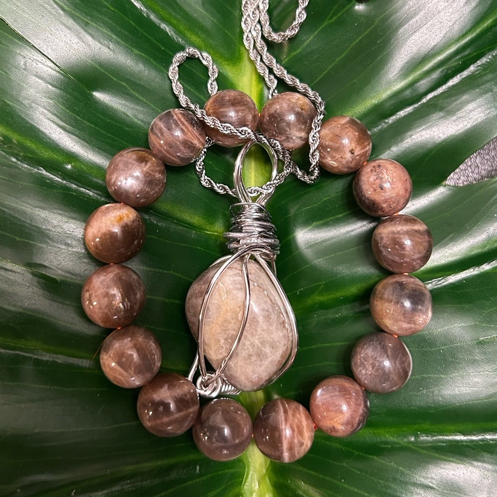BLACK MOONSTONE SUNSTONE wire wrapped crystal pendant bracelet & necklace set